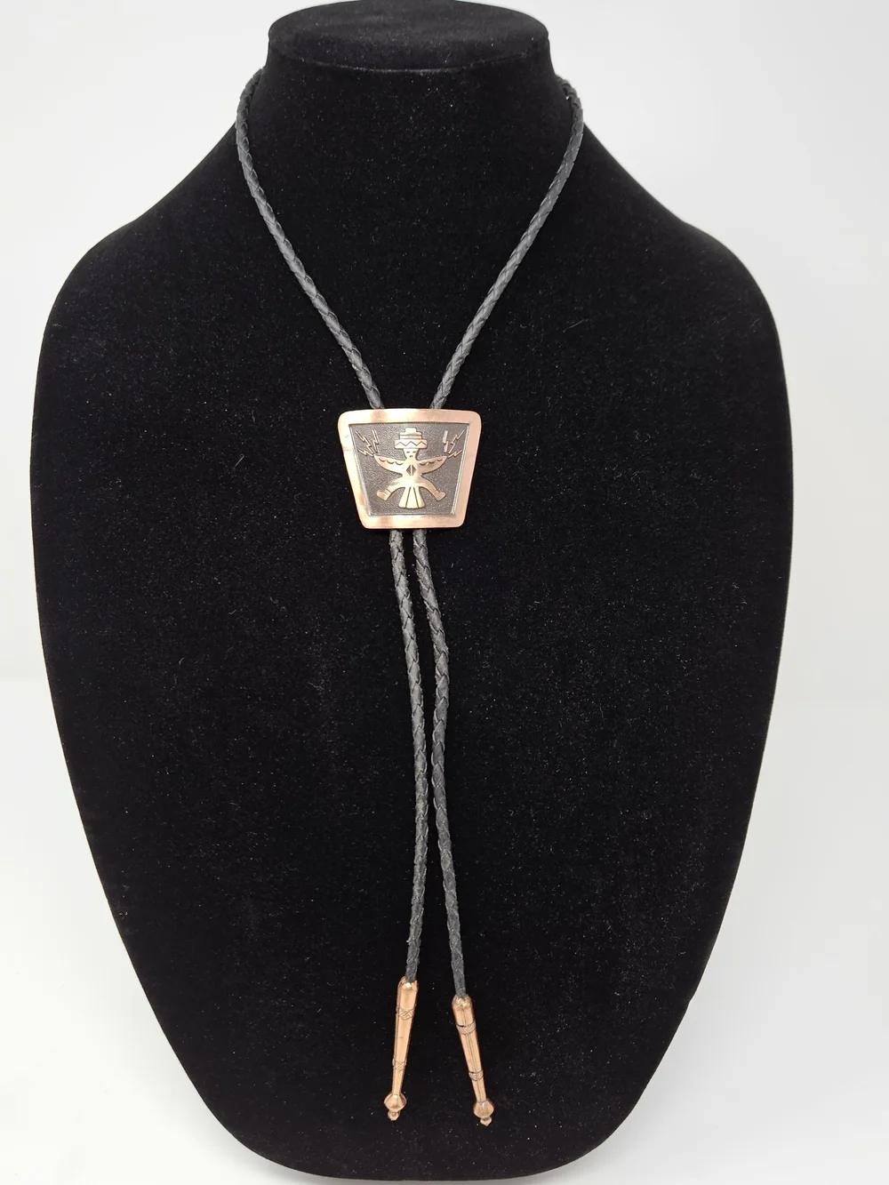 BELL TRADING POST Thunderbird Solid Copper BOLO Tie w/ Black leather Lacing Vtg